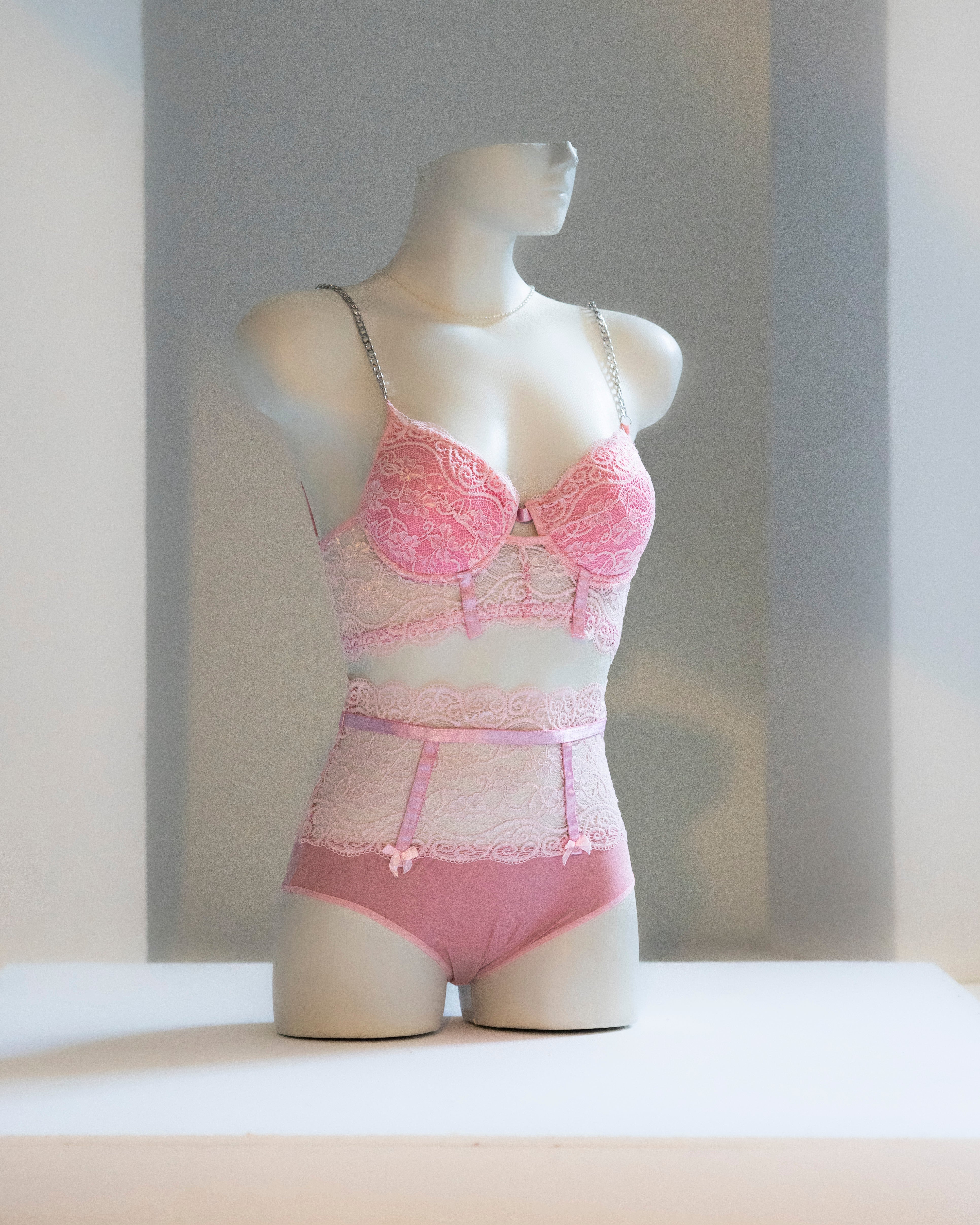 Pink Lace Bodysuit with High-Waist Design - Pampering yourself