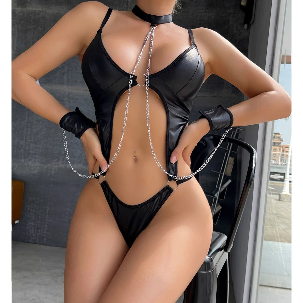 Dominatrix Faux Leather Chain Lingerie Set – Black Obsidian