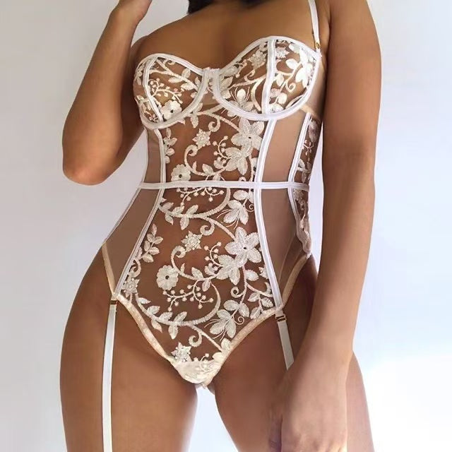 White Floral Embroidered Sheer Corset Bodysuit - Pampering yourself