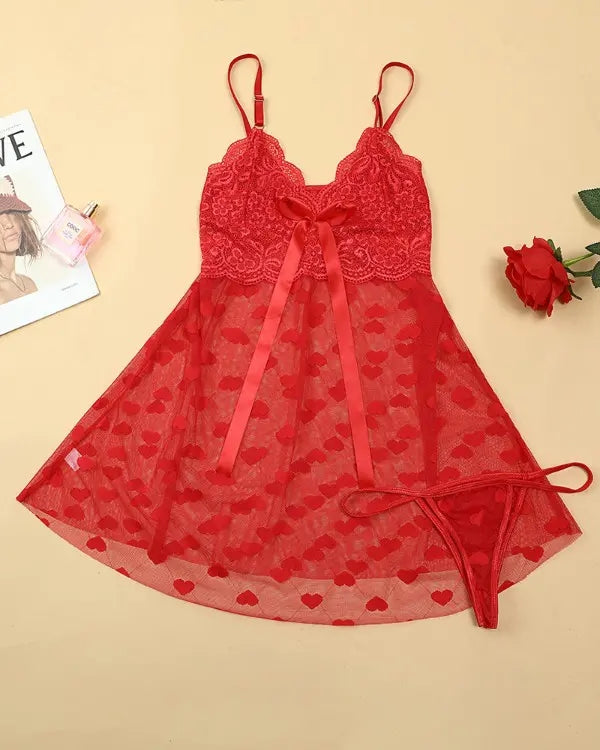 Heart-Print Red Babydoll - Pampering yourself
