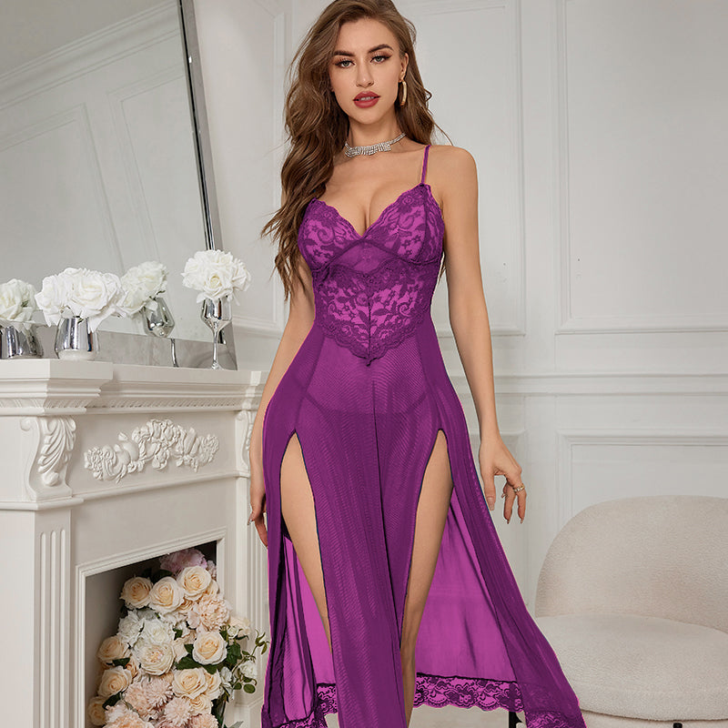 Elegant Lace Nightgown with Double Side Slits - Pampering yourself