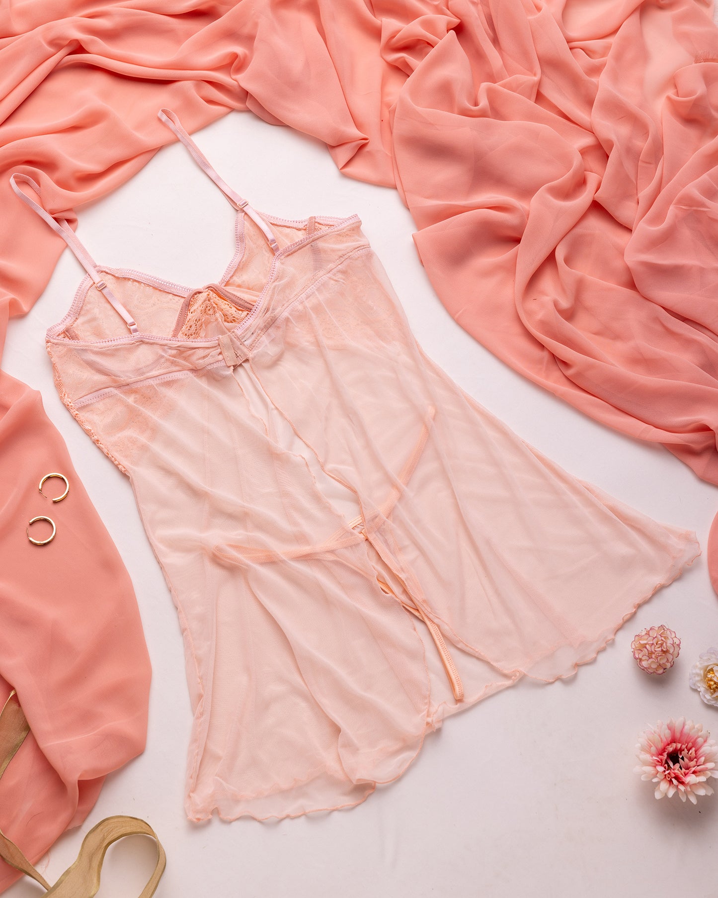 Peach Sheer Lace Babydoll Nightdress - Pampering yourself