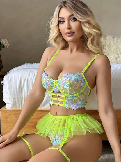 Neon Floral Embroidered Lingerie Set – 3-Piece with Garter Skirt & Heart Charm Details