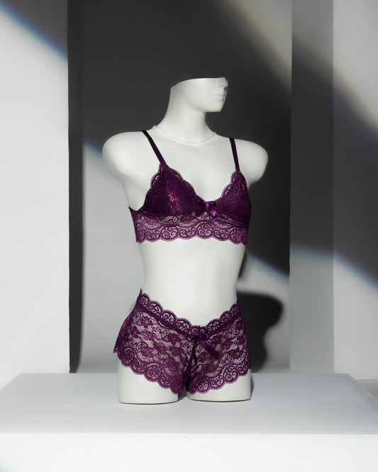 Plum Purple Lace Bralette and Shorts Set