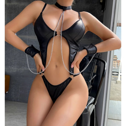 Dominatrix Faux Leather Chain Lingerie Set – Black Obsidian