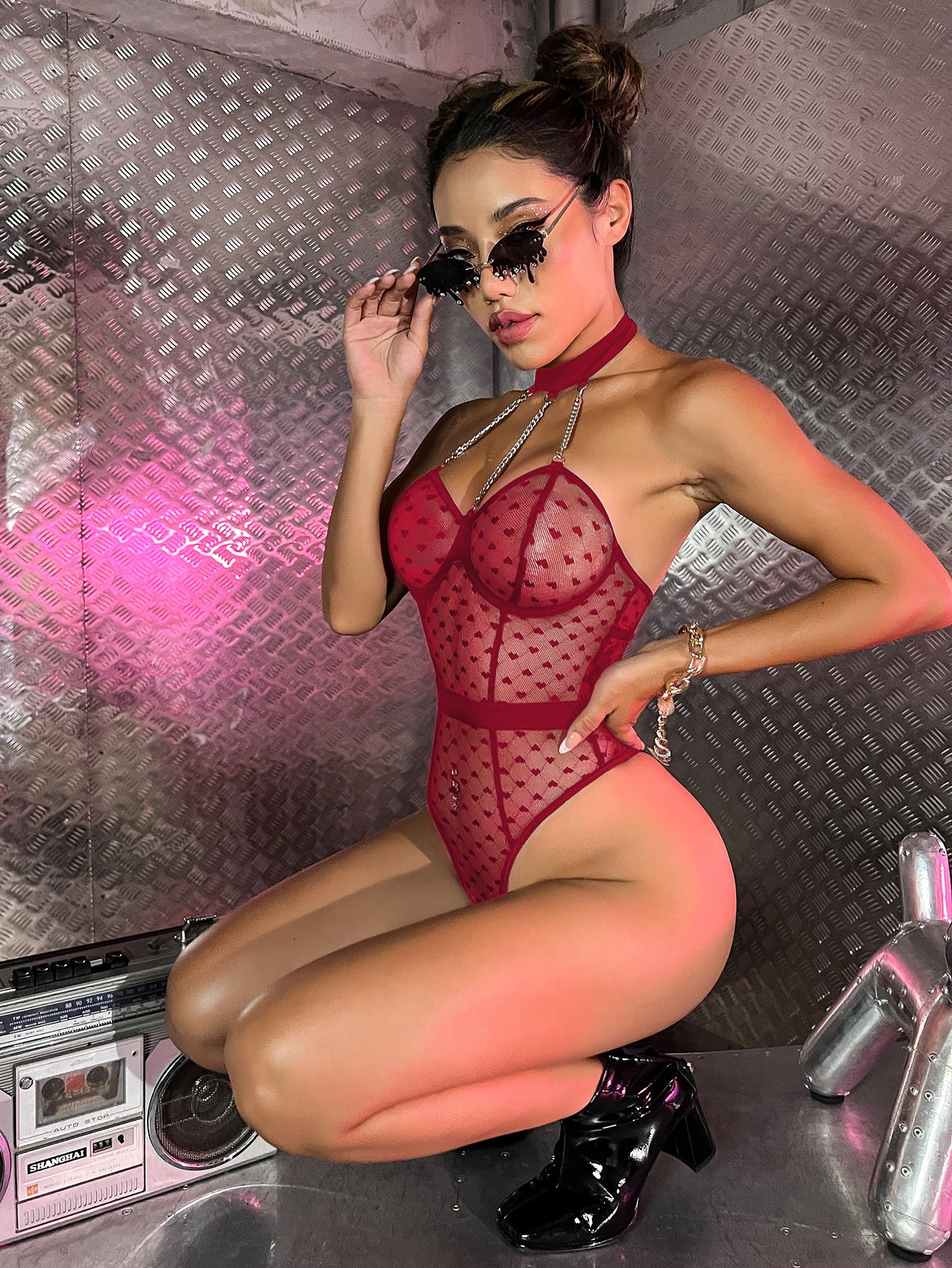 Sheer Heart Mesh Bodysuit with Chain Halter & Choker Detail