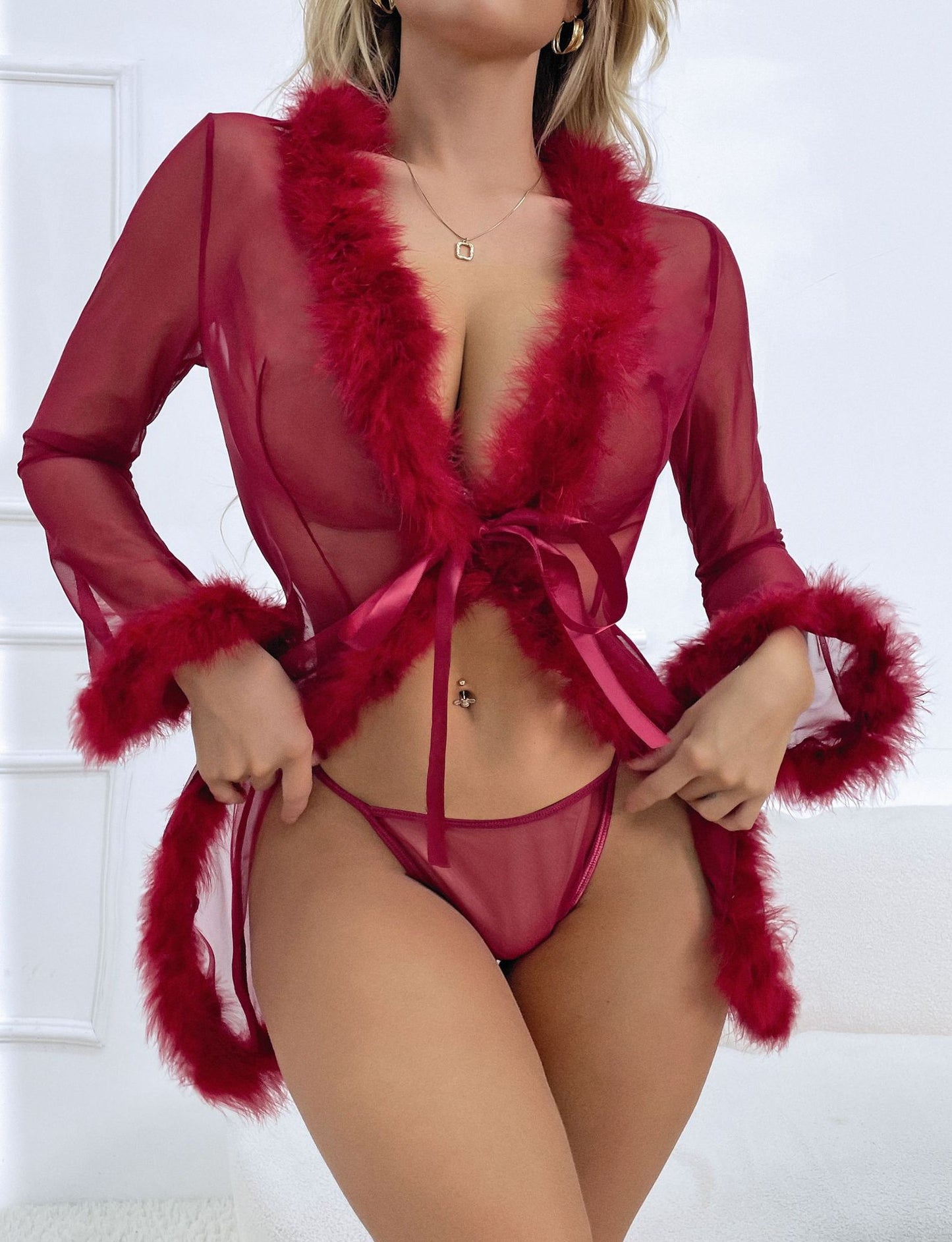 Red Sheer Feather-Trim Robe