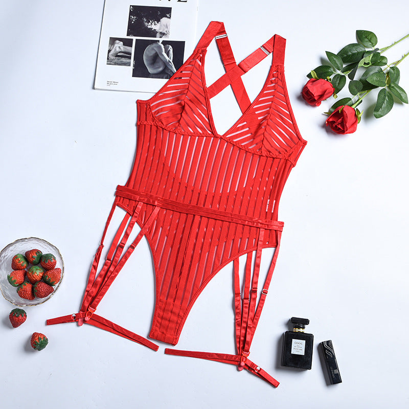Sheer Striped Bodysuit with Garter Straps – Seductive One-Piece