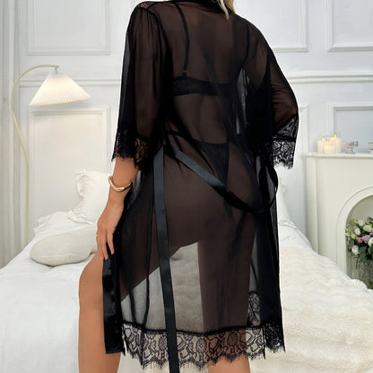 Black Lace Mesh 3-Piece Lingerie Set with Robe