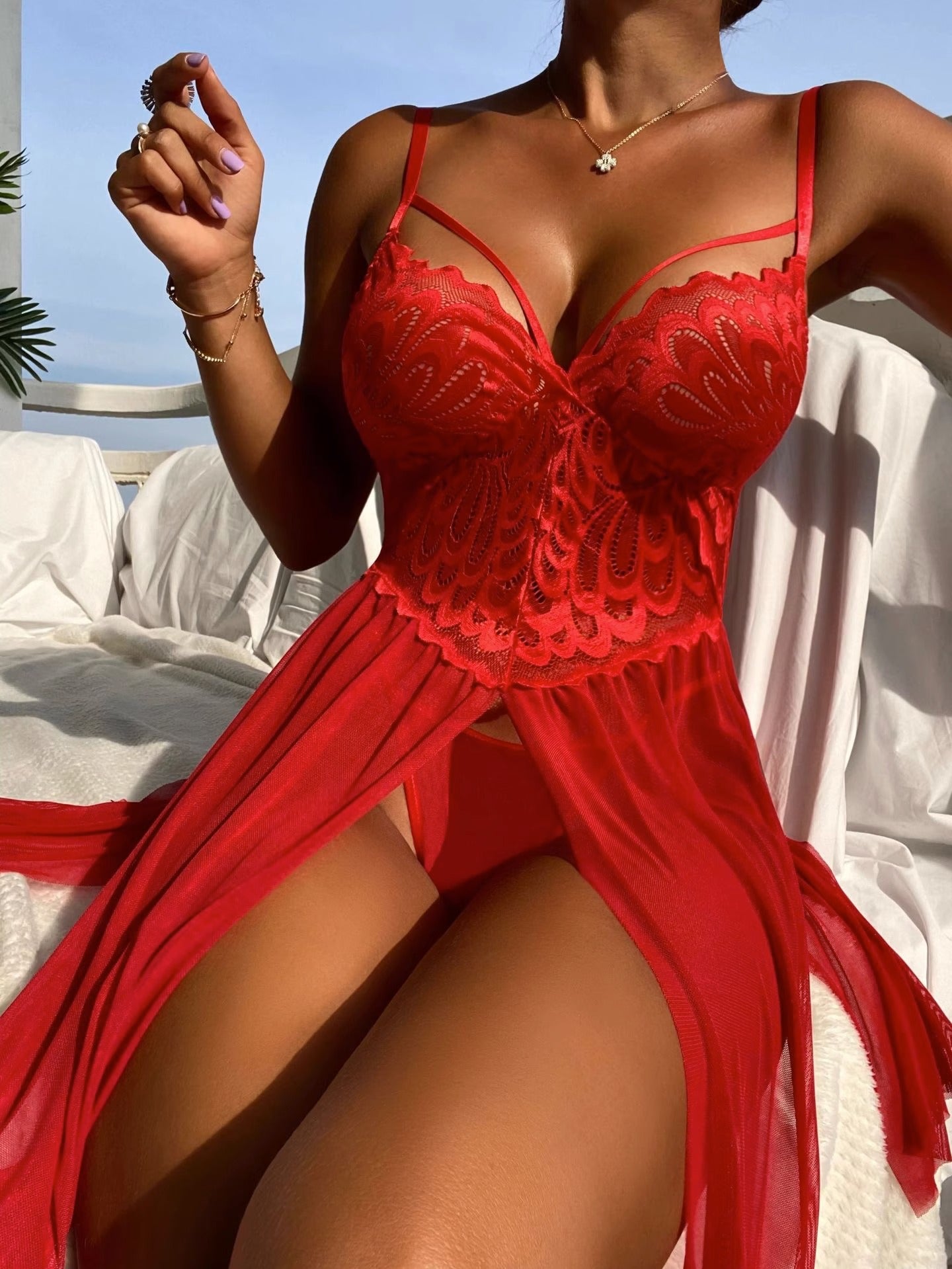 Embroidered Mesh Babydoll Lingerie with Strappy Bust Detail - Pampering yourself