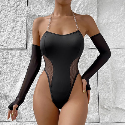 Black Mesh Panel Bodysuit with Chain Halter Straps & Detached Sleeves