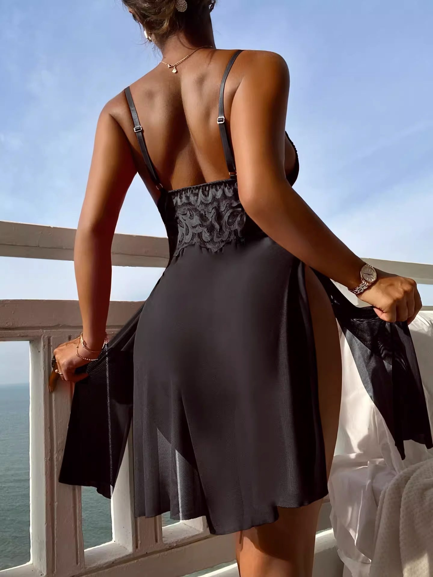 Embroidered Mesh Babydoll Lingerie with Strappy Bust Detail - Pampering yourself