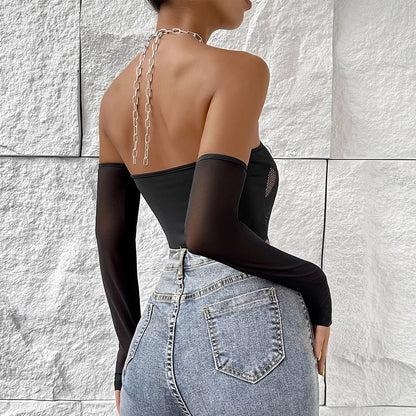 Black Mesh Panel Bodysuit with Chain Halter Straps & Detached Sleeves