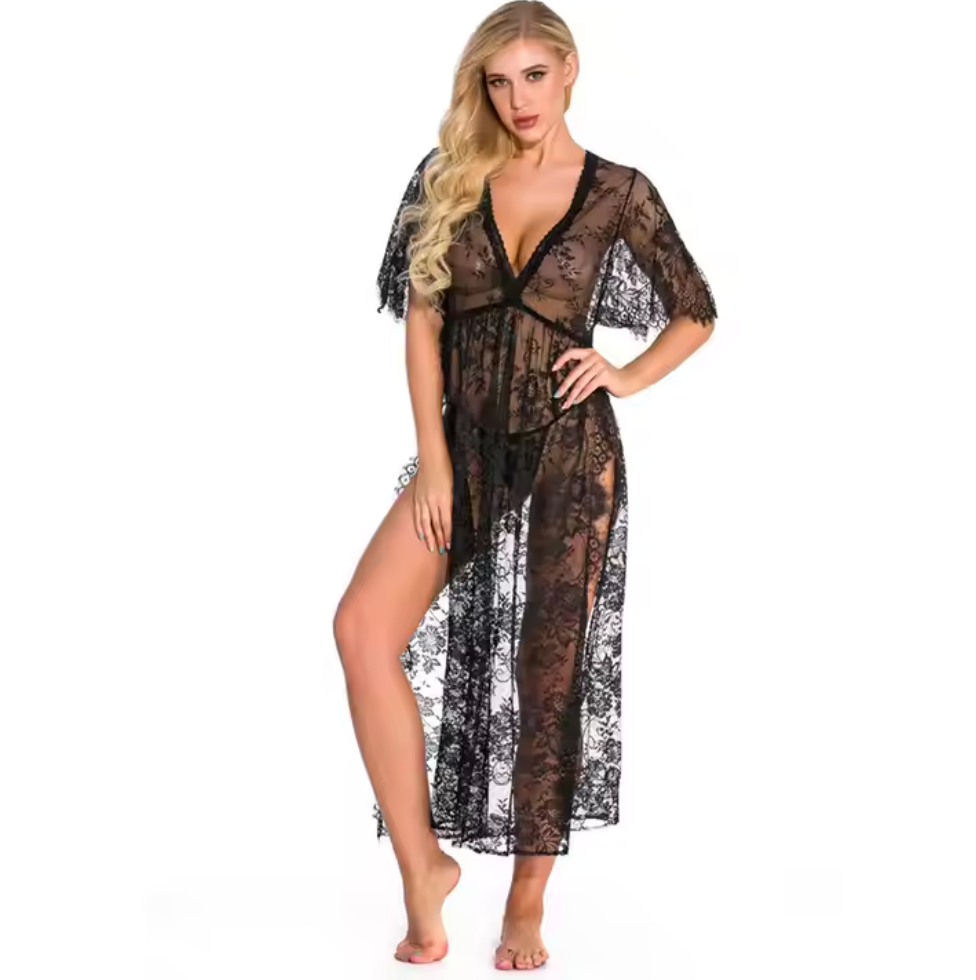 Black Lace Sheer Long Robe