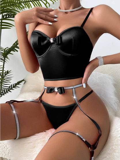 Black Satin Bustier Set with Garter Straps