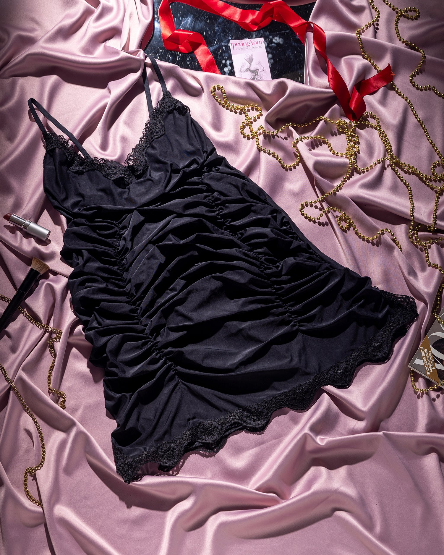 Ruched Black Satin Nightdress - Pampering yourself