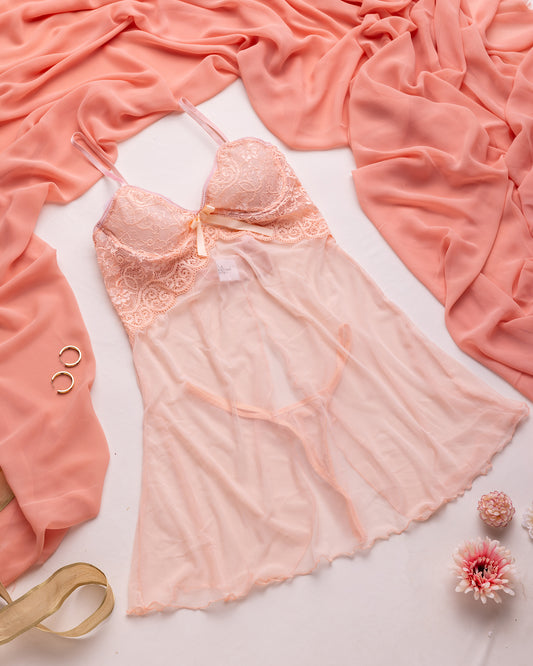 Peach Sheer Lace Babydoll Nightdress